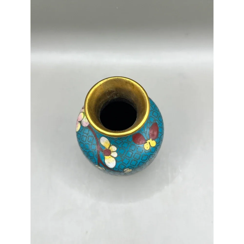 Vtg Chinese Cloisonne Enamel Miniature Vase Turquoise Cherry Blossom 4